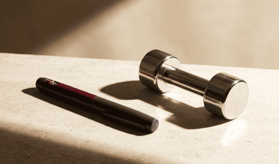 Dumbbell and marker on table for fitness and health.