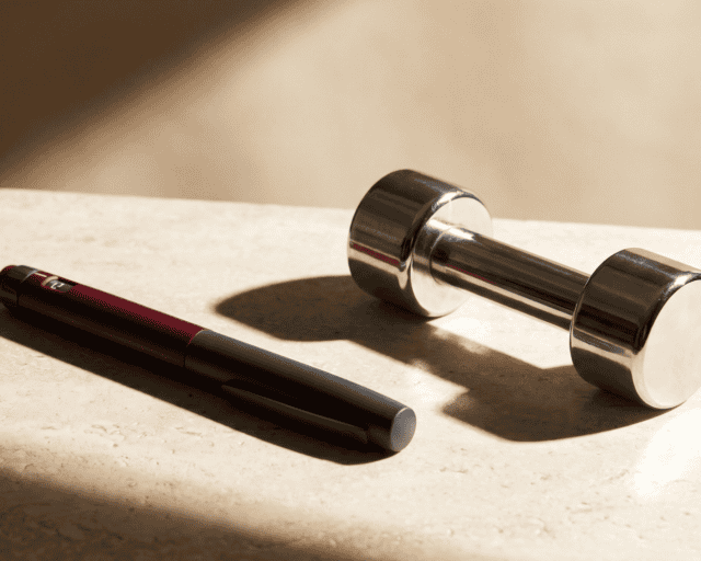 Dumbbell and marker on table for fitness and health.
