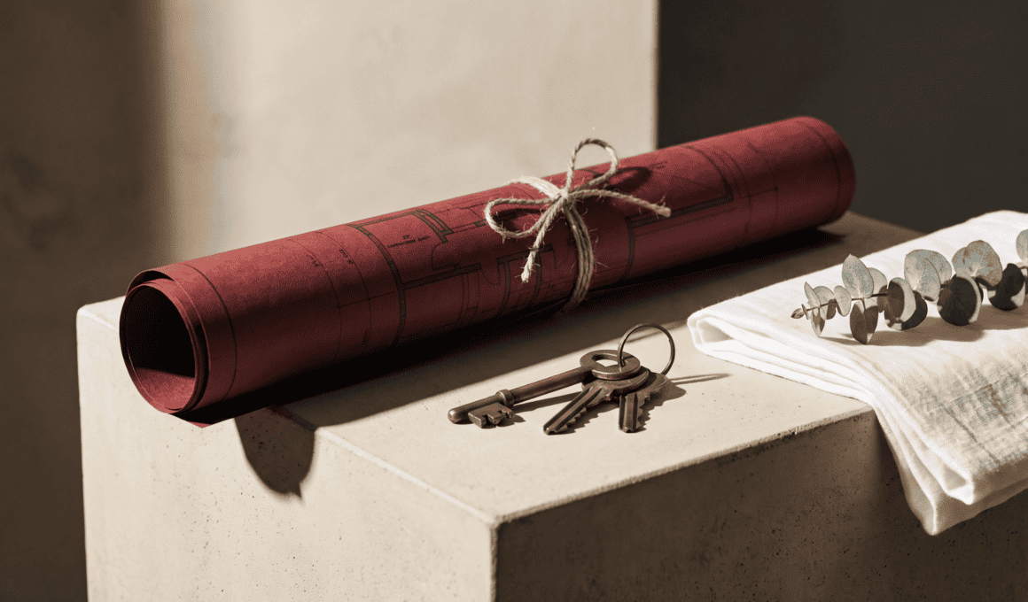 Rolled blueprint, keys, and tools on a concrete surface for wellness planning.