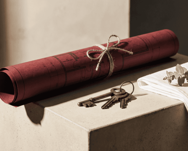Rolled blueprint, keys, and tools on a concrete surface for wellness planning.