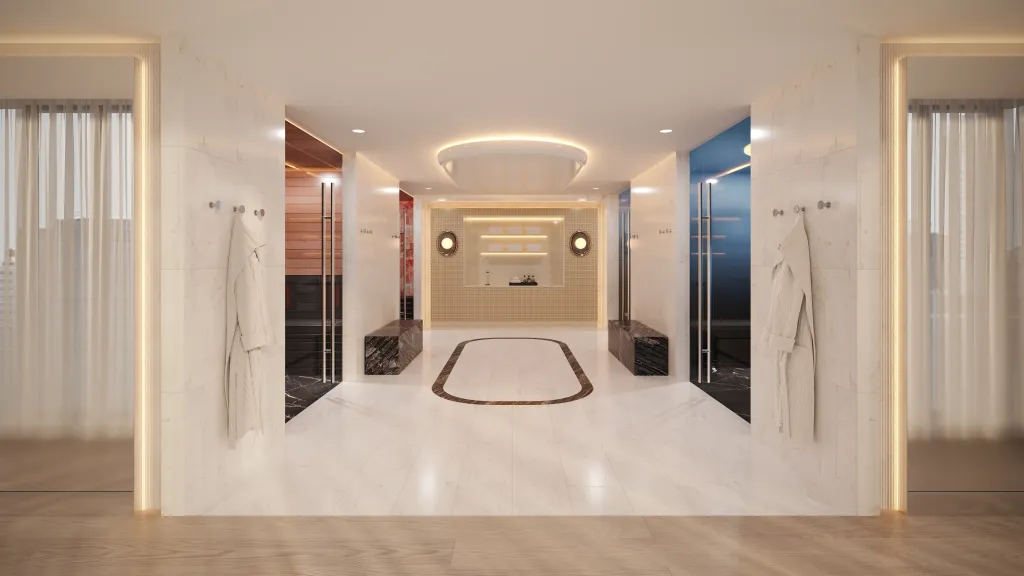 A rendering of a marble-lined recovery suite, with robes hanging at the entrance, wood-lined and glass-fronted cabins on either side, and a recessed plunge pool at the centre.