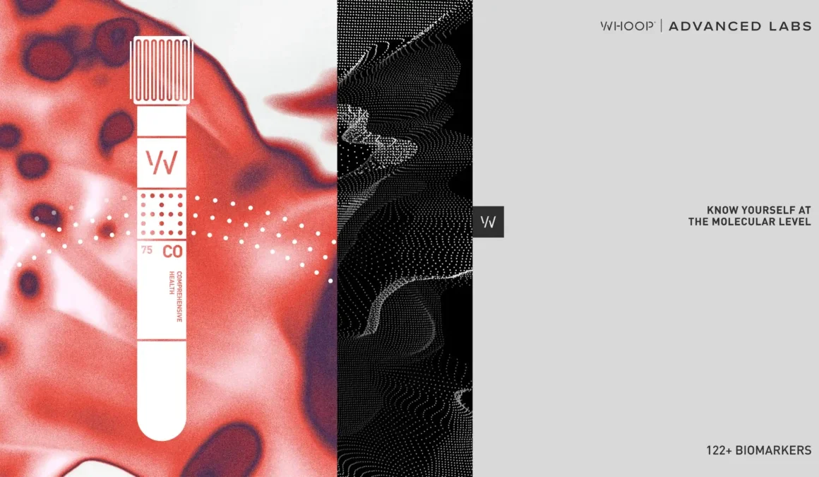 WHOOP Advanced Labs campaign artwork showing a blood specimen collection tube marked with the WHOOP logo against a red field, beside the words "know yourself at the molecular level".