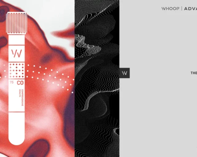 WHOOP Advanced Labs campaign artwork showing a blood specimen collection tube marked with the WHOOP logo against a red field, beside the words "know yourself at the molecular level".