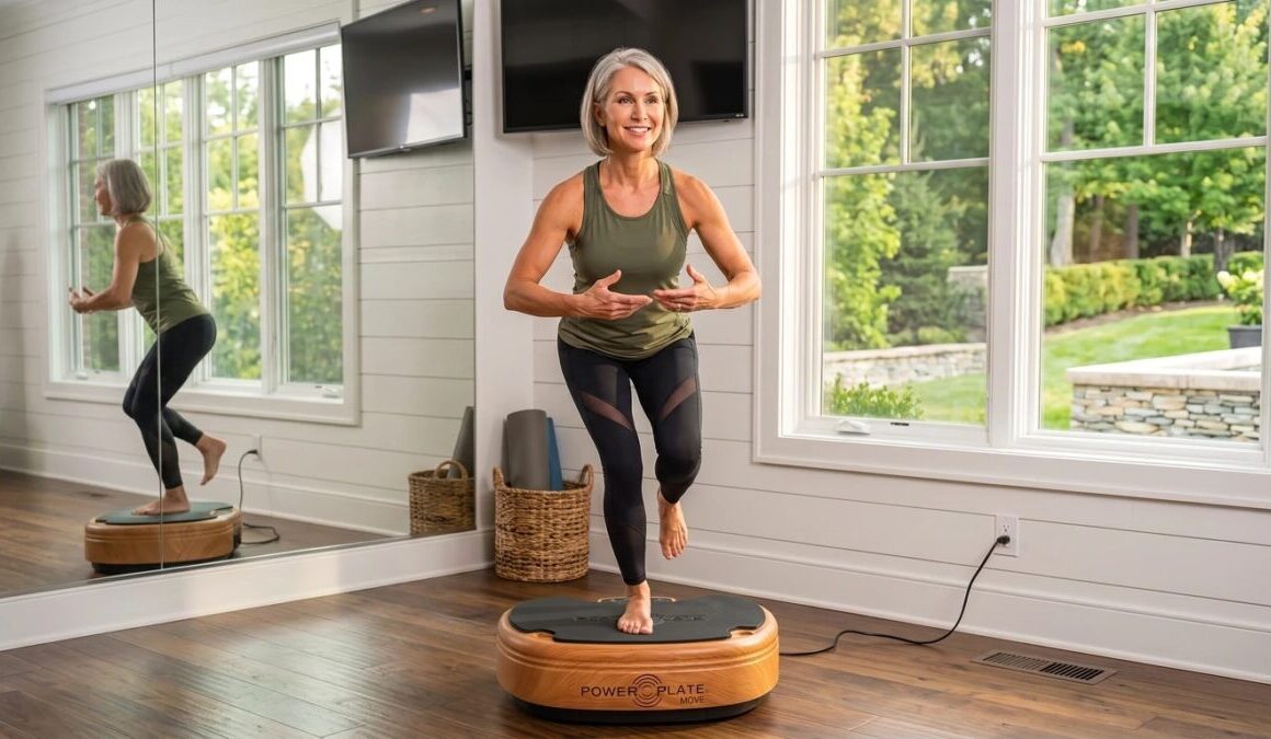 A woman training barefoot on a Power Plate Move vibration platform in a bright home studio