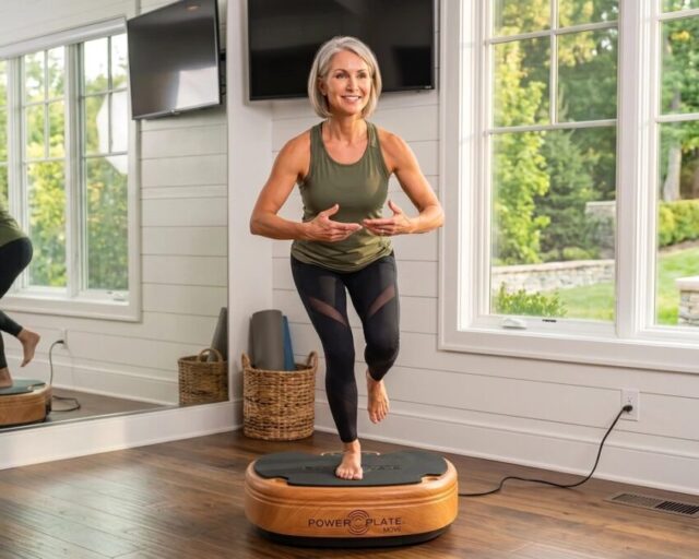 A woman training barefoot on a Power Plate Move vibration platform in a bright home studio