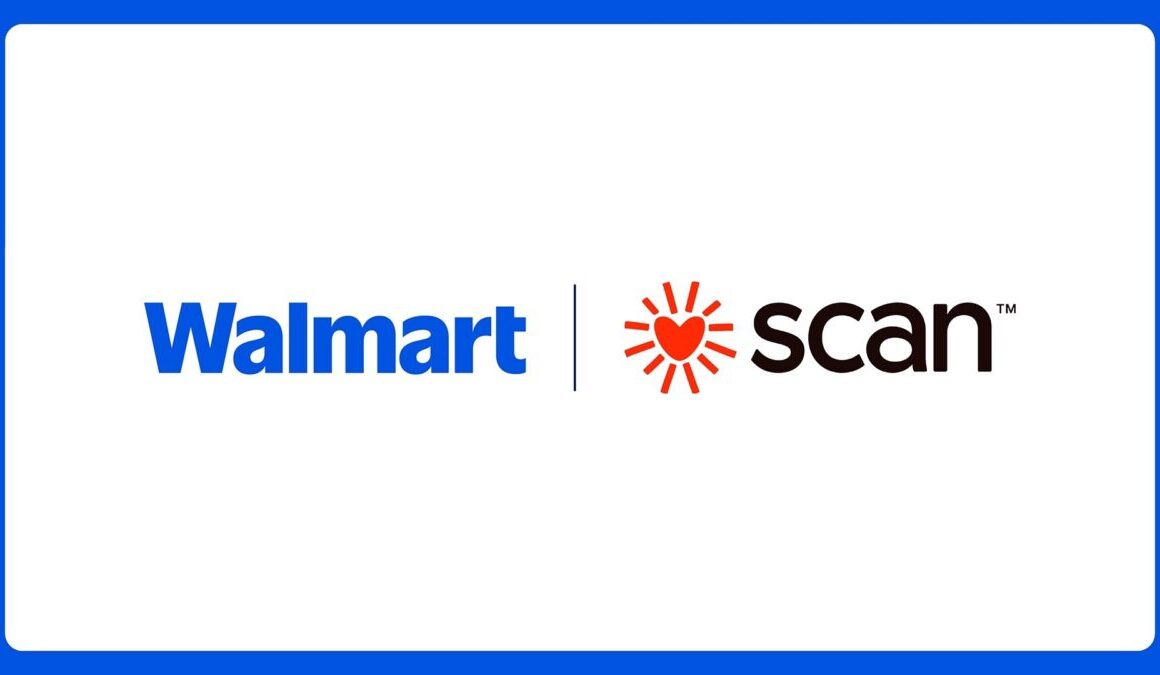 Walmart and SCAN logos side by side on a white panel framed in blue, marking their co-branded Medicare Advantage plan