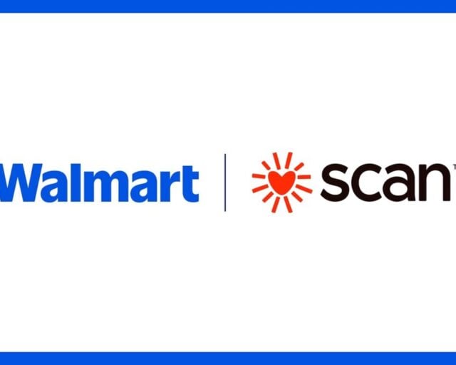 Walmart and SCAN logos side by side on a white panel framed in blue, marking their co-branded Medicare Advantage plan